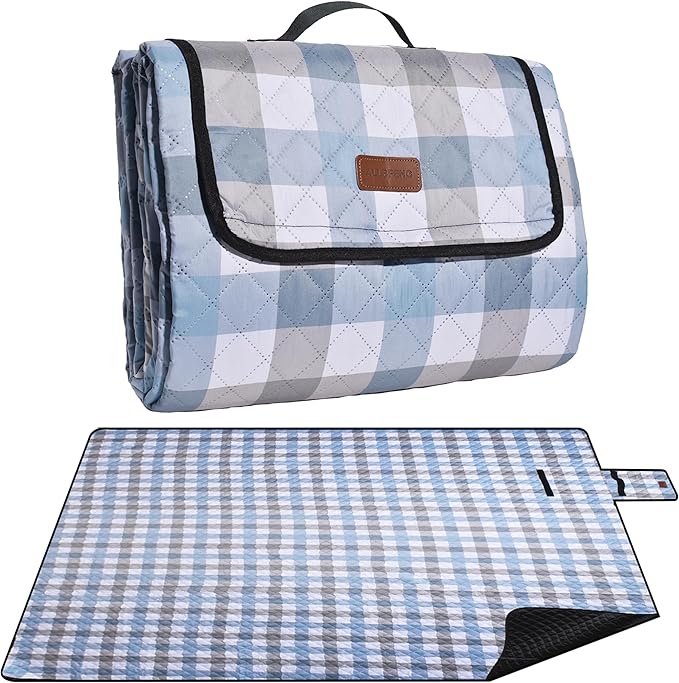 Extra Large Picnic Blanket 80''x 60'' Waterproof Foldable Picnic Mat for Beach, 5-Layer Outdoor Blanket for 6 to 8 Adults,Camping Grass Lawn Park Accessories Couple Park Wedding Registry(Blue Gray)