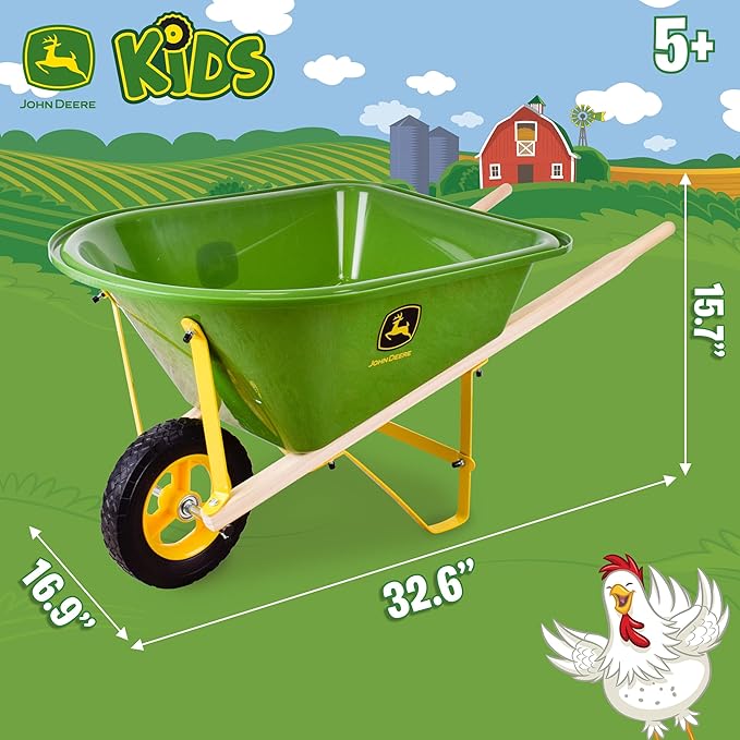 John Deere Deluxe 34" Wheelbarrow and Garden Set Includes 5 Realistic Gardening Tools,Gardening Apron, Gardening Gloves, Large Metal Wheelbarrow with Wooden Handles, Outdoor Toy Ages 5+