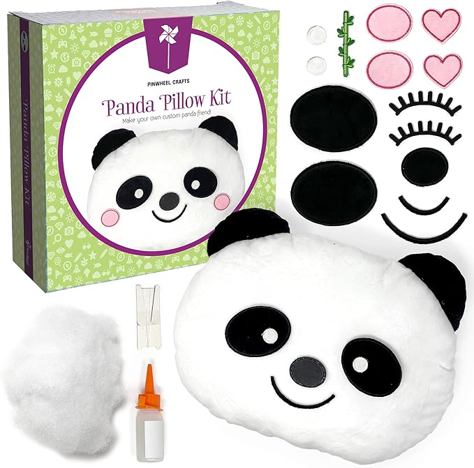 Pinwheel Crafts Beginner Sewing Kit for Kids 8-12 - Easy DIY Panda Pillow Kit - Learn to Sew - Kids Sewing Craft Gifts - Make Your Own Stuffed Animal Panda Plush Toy