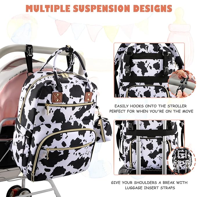 Baby Diaper Bag Backpack, Travel Diaper Bags for Baby Girl Boy Large Capacity Baby Bag Backpack for Women Cow Print