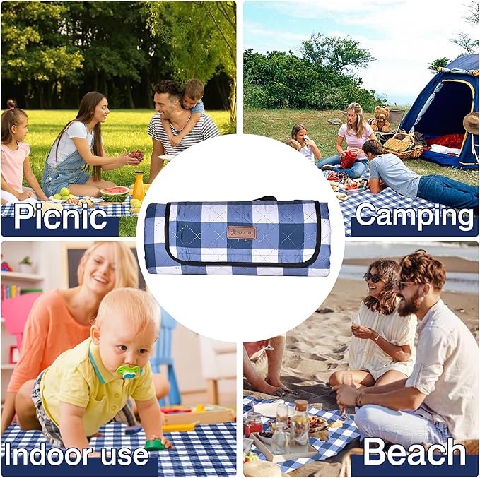 HX&OD Outdoor Picnic Blanket, Extra Large, 80''x80'' Waterproof Foldable Blankets Gingham Picnic Mat for Beach, Camping Grass Lawn Park Accessories Cute Couple Ideas Wedding (Blue, 80”x80”)