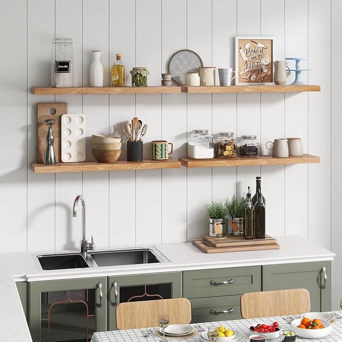 Rustic Elm Wood Floating Shelf for Wall, Flat Edge 48"W x 9.2"D x 1.4"H, 1 Pack with Invisible Bracket, Large Wall Mounted Storage Shelf for Living Room Bedroom Kitchen Bathroom Decor, Natural Finish