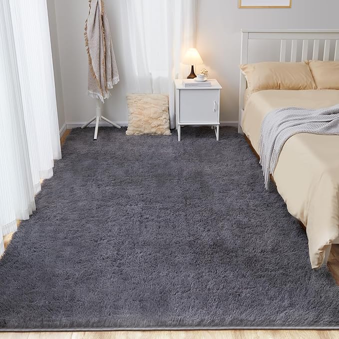 8x10 Grey Fluffy Rug, Ultra Soft Area Rugs for Living Room, Plush Indoor Carpet, Anti-Skid High Pile Luxury Rugs for Bedroom, Nursery, Kids Room, Playroom, Home Decor