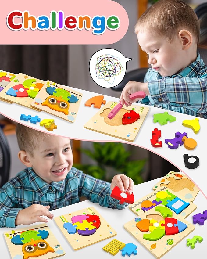 Yetonamr Wooden Toddler Puzzles Gifts Toys for 1 2 3 Years Old Boys Girls, 12 Vehicle Shape Montessori Toy Educational Blocks Kids Toys Gift Baby Learning Toy Age 1-3, 2-4