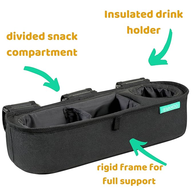 Universal Stroller Tray with Insulated Sippy Cup Holder - Upgraded Rigid Frame Stays Upright - Exclusive Non Slip Straps Firmly Grip Stroller Bar. Universal Stroller Snack Tray Attachment