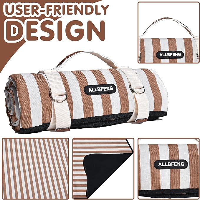 Striped Picnic Blanket Waterproof & Sand Proof, 5-Layer Beach Blanket Portable with Carry Strap, Extra Large Foldable Picnic Rug Machine Washable for Camping Party,Wet Grass,Kids Playground