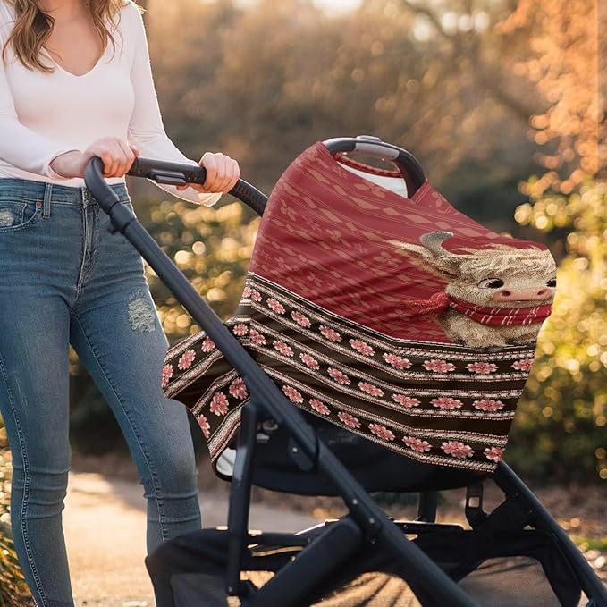 Binienty Christmas Highland Cow Car Seat Canopies for Baby Boys Girls, Mom Nursing Breastfeeding Covers Infant Stroller Cover, Holiday Gifts