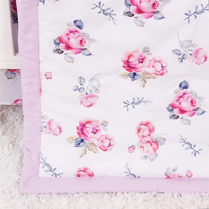 Belsden Floral 3 Piece Crib Bedding Set for Baby Boys Girls, Classic Nursery Bedding Essential Including Comforter, Crib Sheet and Crib Skirt, Ultra Soft Cozy, Floral Purple