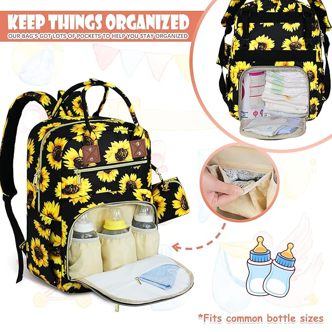 Baby Diaper Bag Backpack, Travel Diaper Bags for Baby Girl Boy Large Capacity Baby Bag Backpack for Women Sunflower