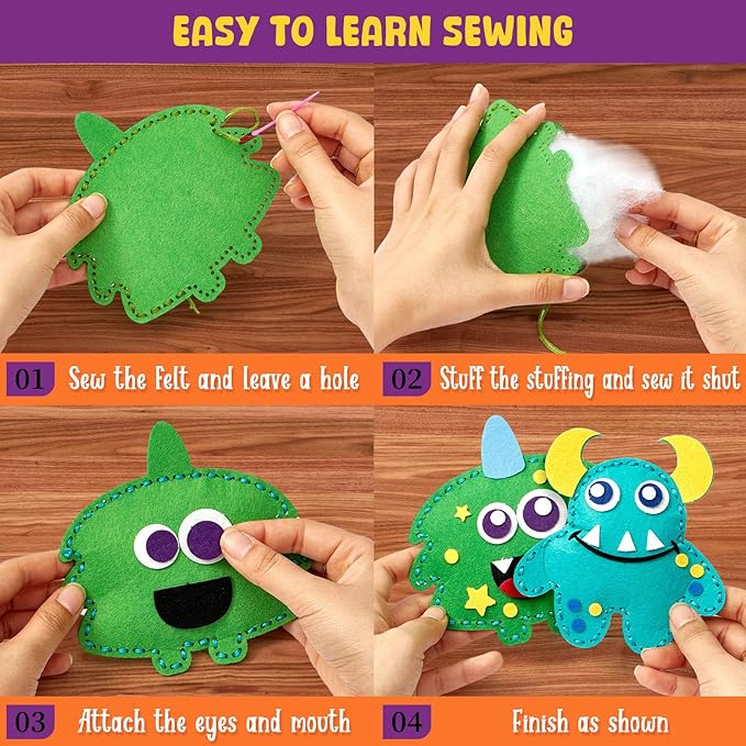 TUZT My First Sewing Kit for Kids - Monster Sewing Craft Kit for Beginners with 12 Pre-Cut Monster Plush Toys, Scissor, Plastic Needles & Thread, DIY Felt Crafts Project for Girls & Boys Ages 4-12