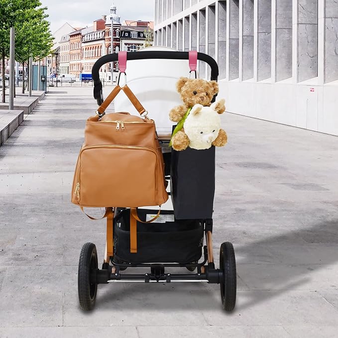 2 Pcs Stroller Hooks for Hanging, Portable Leather Style Stroller Clip Straps, Baby Stroller Hooks for Diaper Bags Grocery Shopping Bags, Mommy Hook for Stroller(Pink)