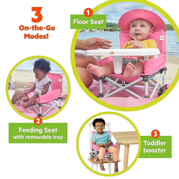 Bright Starts Pop 'N Sit Portable Booster, Indoor/Outdoor Use, Floor Seat with Feeding Tray, Pink, 6 Mos - 3 Yrs