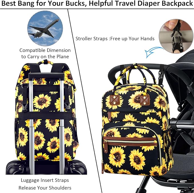 Diaper Backpack Tote Large Capacity, Baby Bag with Insulated Pockets Multifunctional Diaper Bags For Baby Girl Boy Women Waterproof Bags Mama Maternity Bag Sunflower