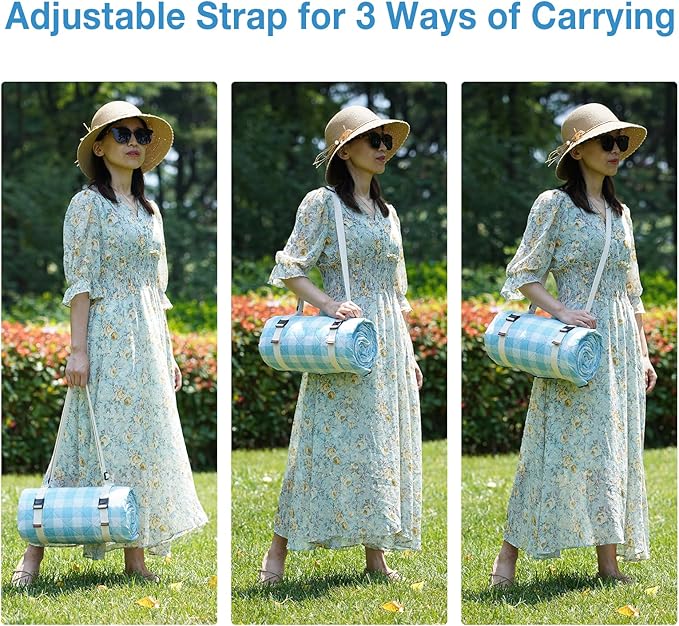 Picnic Blanket, 80''x80'' Waterproof Outdoor Blankets, Picnic Mat Washable for Beach, Picnic Blankets for Camping on Grass with Shoulder Strap - Blue & White