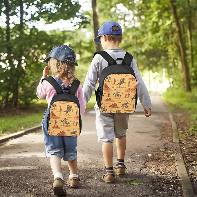 Western Desert Cowboy Toddler Backpack Waterproof Mini Backpack Boys/Girls Cute Small Backpack Kindergarten Pre School Bags 13 Inch