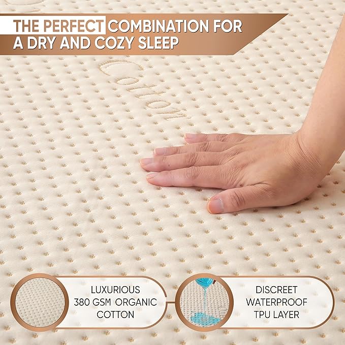 Luxury Waterproof Organic Mattress Protector Twin - Organic Cotton Breathable Mattress Pad Cover - New 380 GSM Comfort - Deep Pocket - Jersey Cotton Skirt - Fitted Comfort