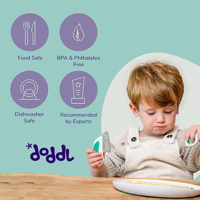 doddl Toddler Utensils, Ergonomic Fork Spoon and Knife Set for Self Feeding, Stainless Steel Silverware for 1-3 Year Olds, BPA Free, Dishwasher Safe (Magenta)