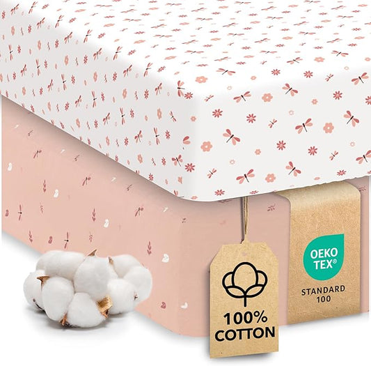 Sweety Fox 2-Pack Cotton Jersey Crib Sheets – Soft Fitted Sheets for Boys and Girls, Mini Crib Sheets, Toddler Bed Sheets (Dragonfly)