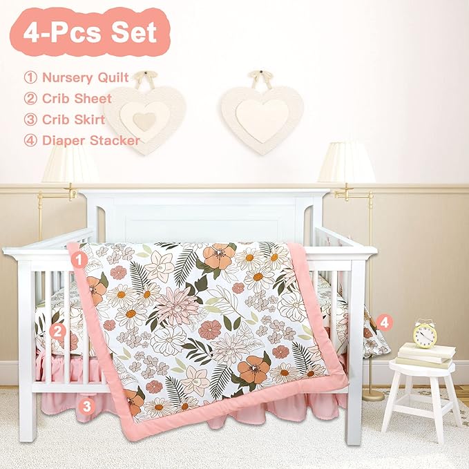 4-Piece Crib Bedding Set for Girls, Pink Baby Girl Bedding Set with Crib Skirt, Baby Quilt, Crib Sheet and Diaper Stacker, Daisy Flower