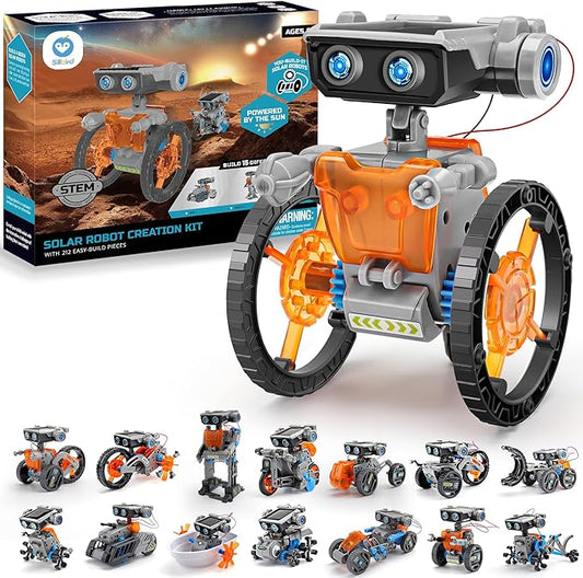 Sillbird Solar Robot Building Kit STEM Gift for Boys Aged 8-13, 15-in-1 DIY Science Educational Robotic Toy for Kids Teens Birthday, Powered by The Sun or Battery with 212 Pieces