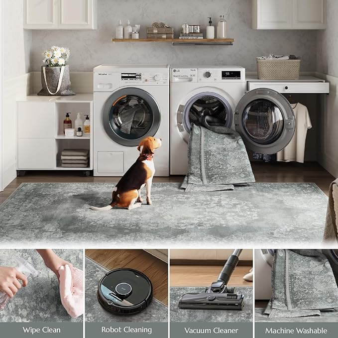 jinchan Floral 2x3 Rug for Entryway - Vintage Washable Area Rug Ultra-Thin Low Pile Soft Small Non-Slip Distressed Indoor Doormat Accent for Entrance Kitchen Bedroom Bathroom (2x3ft,Grey)