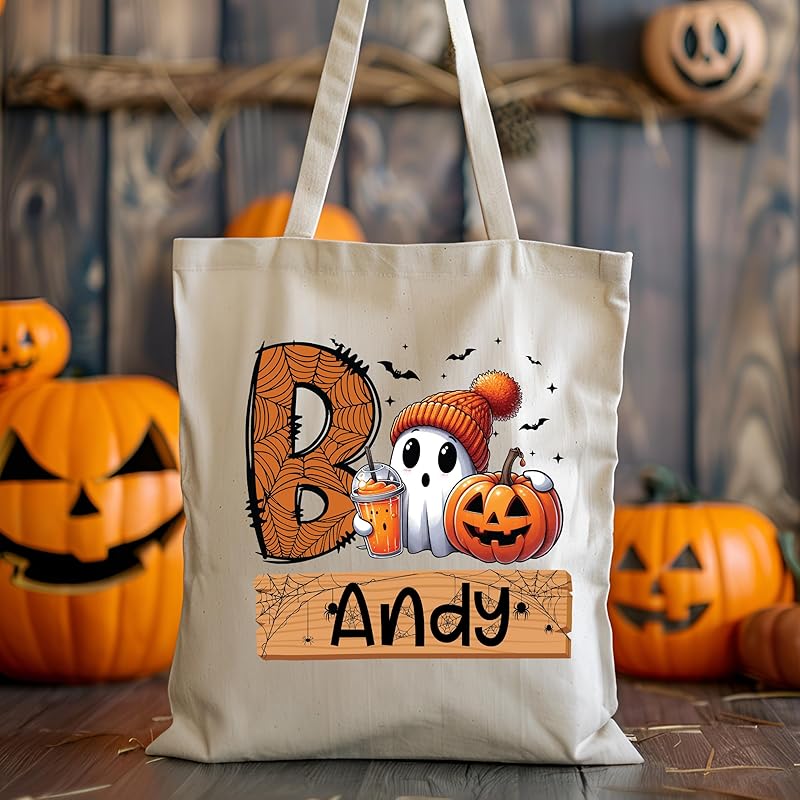 Personalized Trick or Treat Bags Custom Name Halloween Canvas Tote Bags for Kids Pumpkin Ghost Boo Bag Halloween Tote Bags for Girls and Boys Reusable Candy Totes 15" x 16"