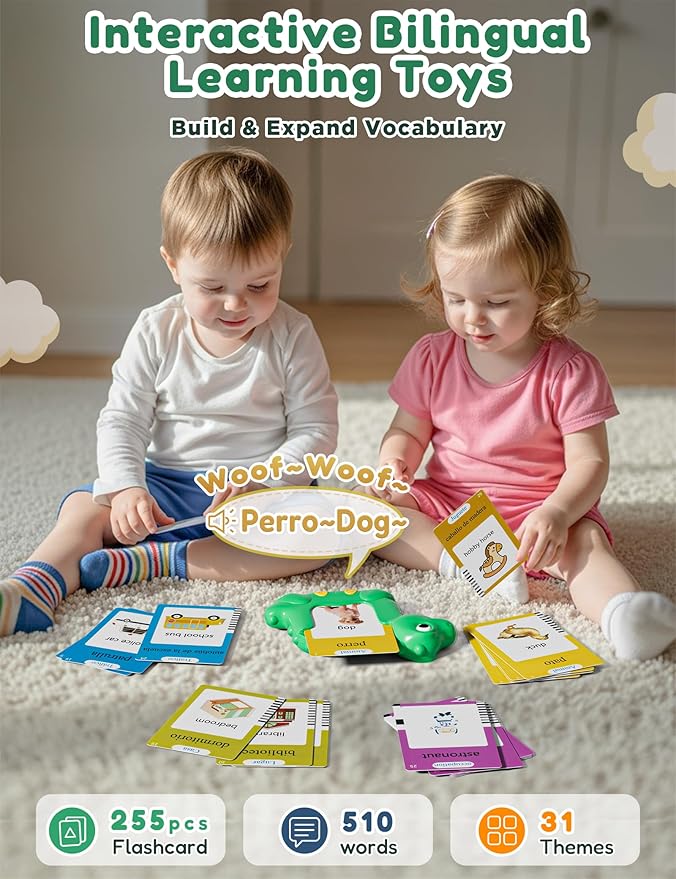 Spanish and English Talking Flash Cards for Toddlers with 510 Sight Words, Dinosaur Shaped Bilingual Pocket Speech Therapy and Autism Toys, Educational Learning Toys Gift for Kid Boys Girls