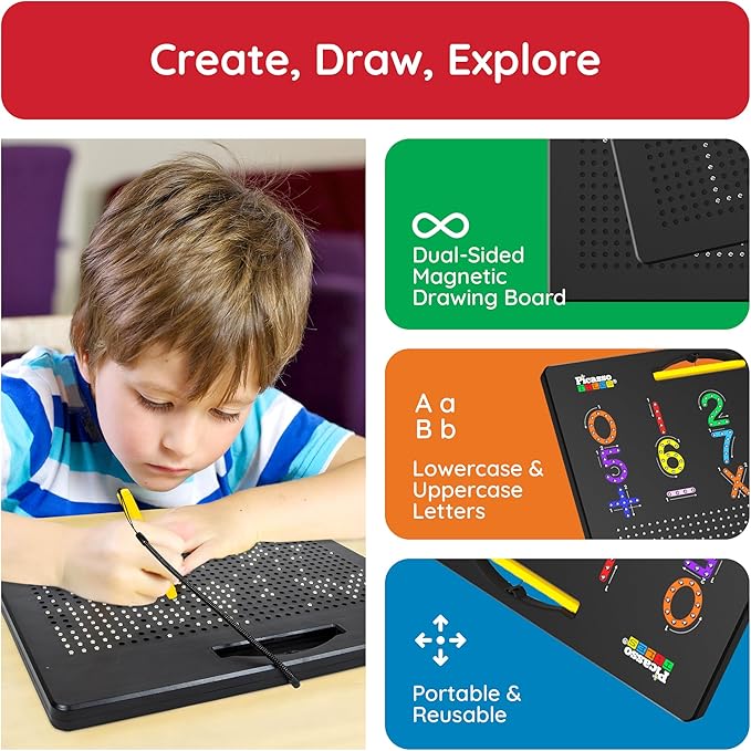 PicassoTiles Magnetic Alphabet Board 12x10 in Dual Sided Learning Pad with Upper and Lowercase Letter Tracing Stylus Pen Reusable Erasable Educational Toy Kids Preschool Montessori Writing Tool PTB03