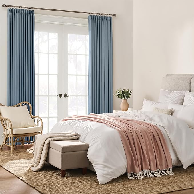 KEQIAOSUOCAI 2 PCs Dusty Blue Pleat Wide Drapes for Sliding Glass Door 60 Wide x 95 Inch Long, Privacy Light Block Noise Reduce Insulated Ceiling to Floor for Locker Room Basement Bedroom Closet