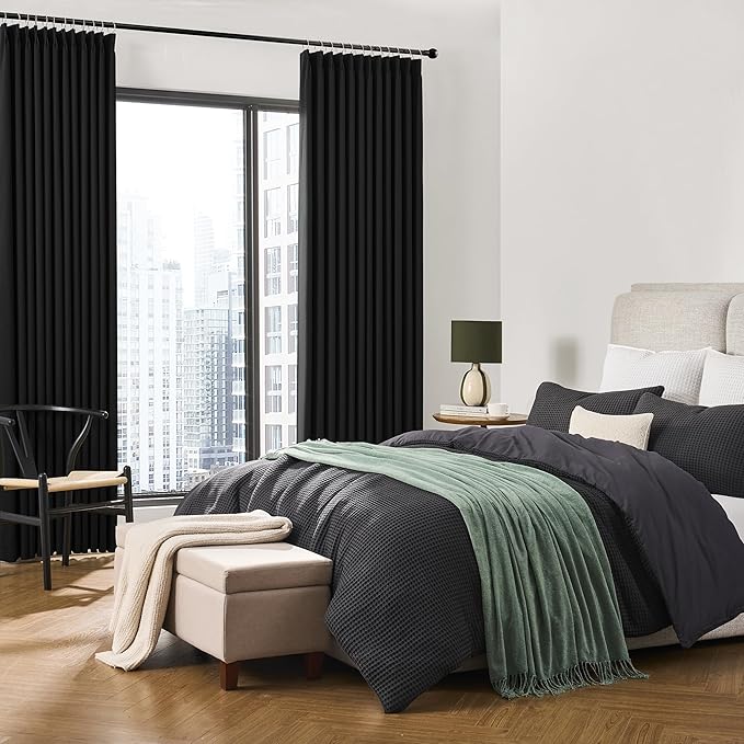 KEQIAOSUOCAI 60 Inch Wide Black Pinch Pleated Curtains 60 x 105, Thermal Insulated Noise Cancelling Living Room Office Drapes 105 Inches Long, Patio Sliding Glass Door Window Curtain 2 Panels
