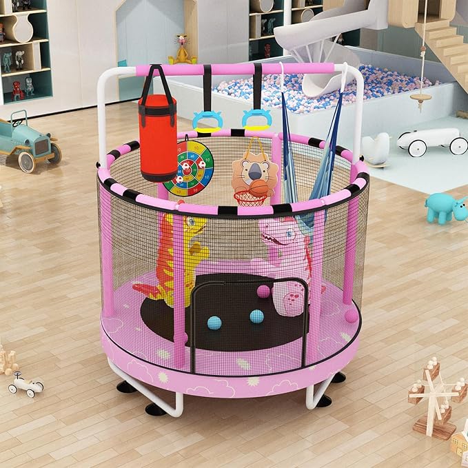 LAMERGE 55" 7-in-1 Round Trampoline for Kids Boys & Girls Ages 1-8, Indoor & Outdoor Trampoline for Fun, Adjustable Height Handrail ＆ Enclosed Safety Net ＆ Durable Designs for Toddlers Children