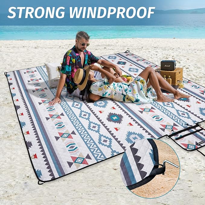 Picnic Blankets Extra Large - Beach Blanket Waterproof Sandproof with Shoulder Strap, Machine Washable, Outdoor Blanket with Stakes for Grass Concert, Park, Lawn,Travel,Spring Summer. Navy