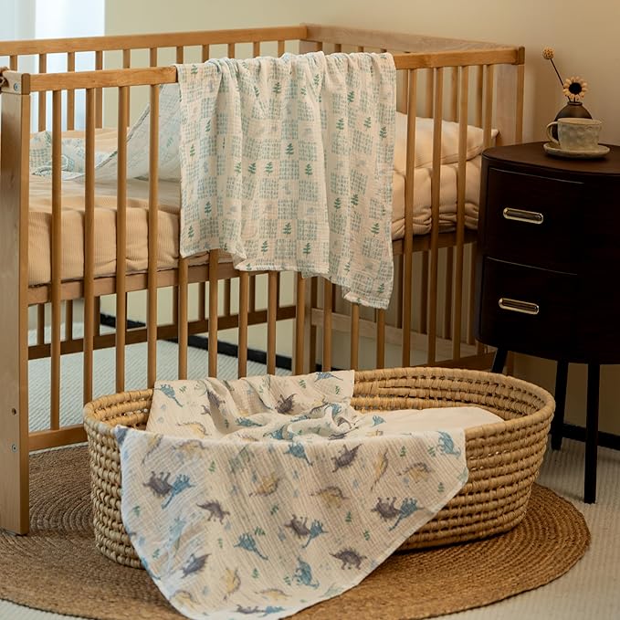 Muslin Swaddle Blankets for Newborn, 3 Pack Breathable Soft Receiving Blanket, Large 38 x 40 inches Swaddle Wrap Burping Clothes Diapers, Essentials Infant Shower Items, Toddler Gift (Blue Dinosaur)