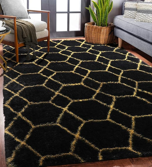 ONASAR Area Rugs for Bedroom Living Room, Washable 4x6 Fluffy Black and Gold Throw Rug, Shaggy Geometric Floor Mat for Home Decor, Soft Plush Carpet for Kids Teen Playroom Dorm Classroom Office