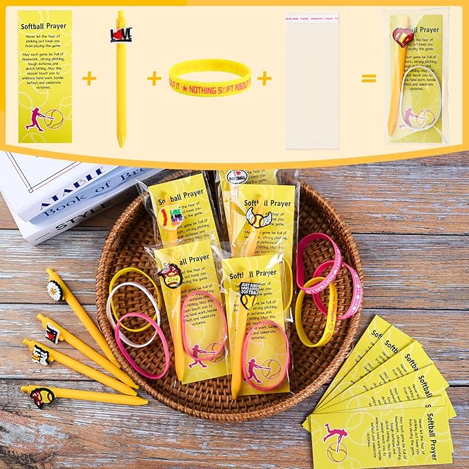 LiYiQ 72 Pcs Softball Party Favors Softball Team Gifts Softball Goodie Bags Stuffers Softball Ballpoint Pens Bookmark Card and Silicone Bracelet