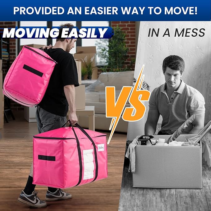 TAILI 8 Pack Pink Extra Large Moving Bags, Heavy Duty Totes with Visible Window, Wrap Around Handles, Space-Saving Storage, Alternative to Moving Boxes