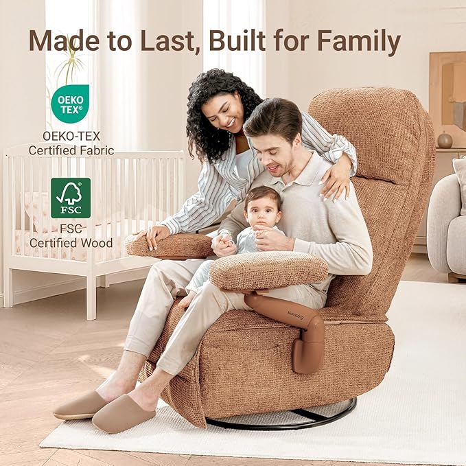 Nursery Swivel Glider Recliner Chair with Adjustable Armrests & Headrest, Rocking Chair Nursery with Removable Cover for Breastfeeding, FSC & Oeko-TEX Certified, Brown