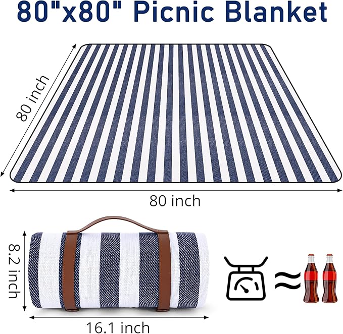 Striped Picnic Blankets 80” x 80” Extra Large Waterproof and Foldable Beach Blanket, Oversized Blue and White Outdoor Blanket for Camping, Travel, Park, Grass, Patio (Blue & White, 80" x 80")
