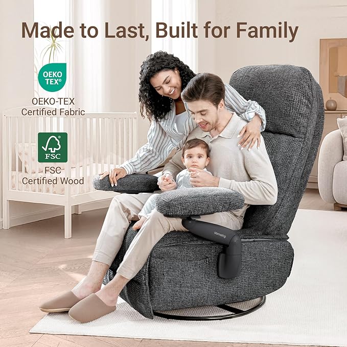 Nursery Swivel Glider Recliner Chair with Adjustable Armrests & Headrest, Rocking Chair Nursery with Removable Cover for Breastfeeding, FSC & Oeko-TEX Certified, Black