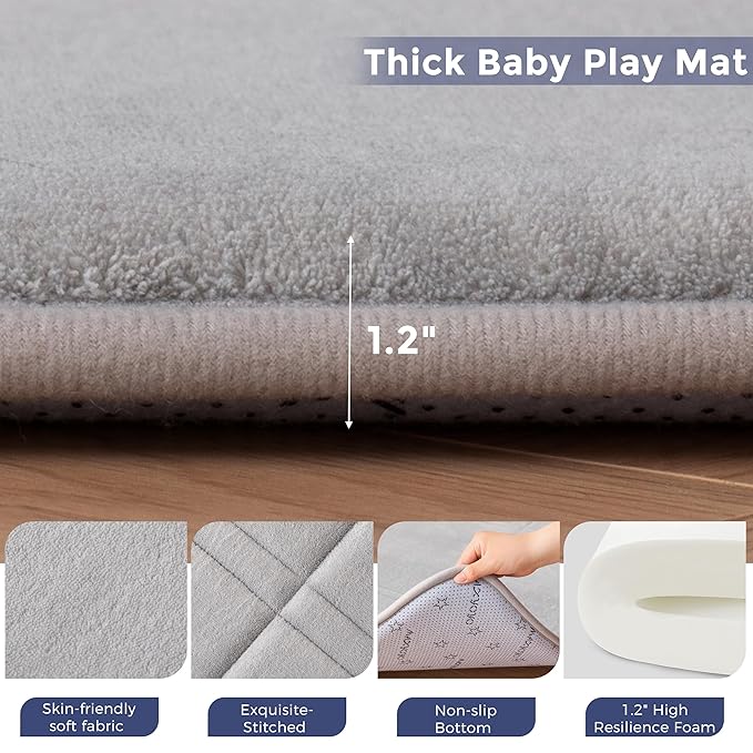 MAXYOYO 1.2" Thick Baby Play Mat for Floor, 78"x 78" Foldable Playpen Mat, Tummy Time Foam Mats Ultra Soft Support, Padded Carpet with Non-Slip Backing for Infant,Kids and Toddler Crawling, Grey
