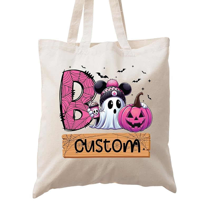 Personalized Trick or Treat Bags Custom Name Halloween Canvas Tote Bags for Kids Pumpkin Ghost Boo Bag Halloween Tote Bags for Girls and Boys Reusable Candy Totes 15" x 16"