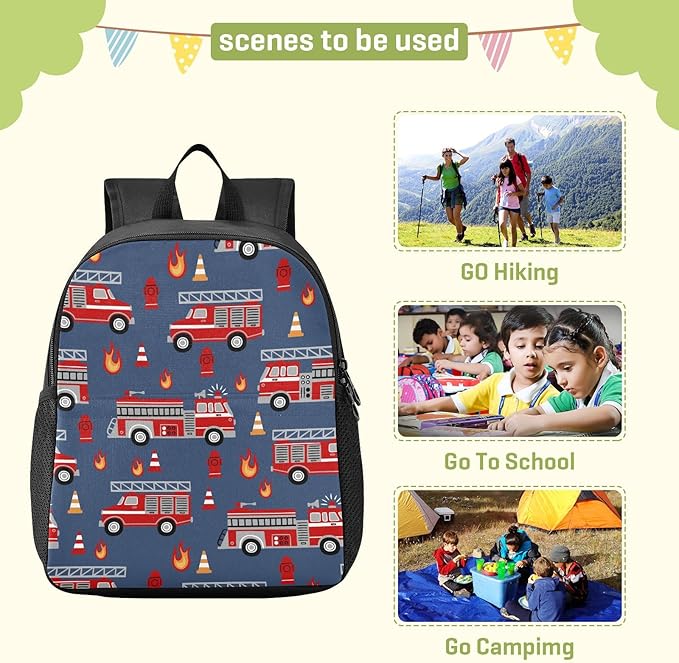 Toddler Backpack Cartoon Fire Trucks Waterproof Mini Backpack Boys/Girls Cute Small Backpack Kindergarten Pre School Bags 11 Inch