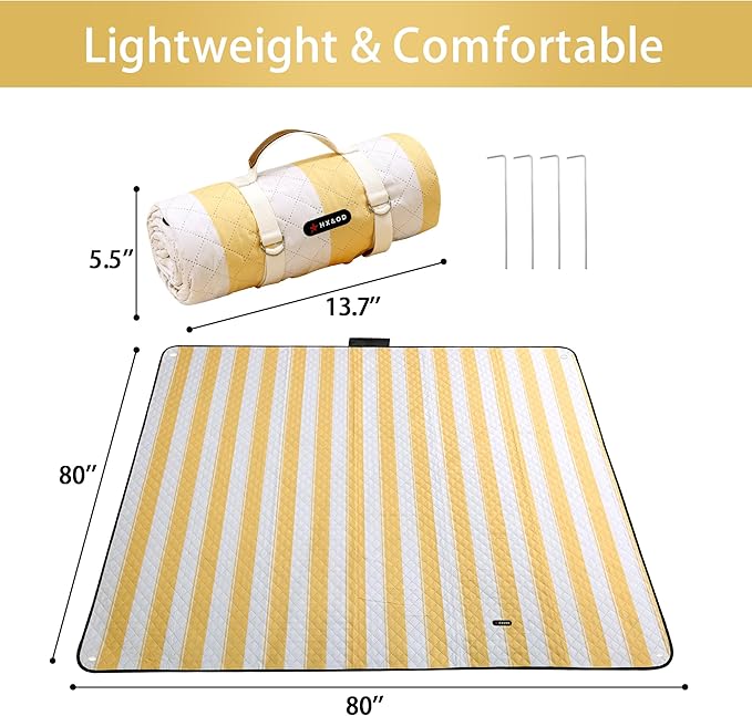 HX&OD Outdoor Picnic Blanket Extra Large, 80''*80'' Waterproof Picnic Mat with Stakes Foldable Camping Blanket Portable with Carry Strap for Beach Mat (Yellow& White, 80''*80'')