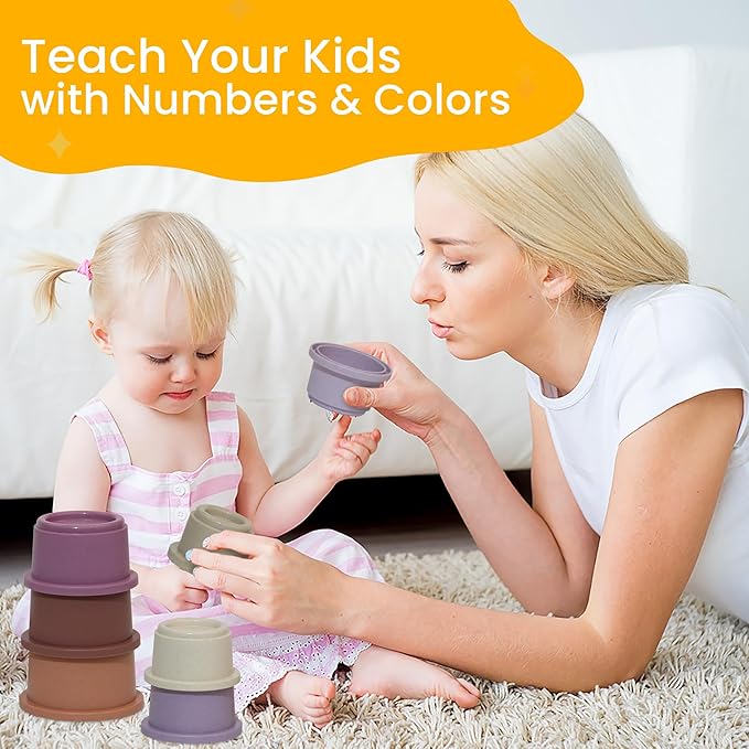 Stacking Cups Baby Toy Educational Cup Stacking Set 8-Pc Stackable Cups with Number Rainbow Nesting Cups for Babies 6-12 Months Stacking Cups for Toddlers 1-3 Perfect for Indoor/Outdoor