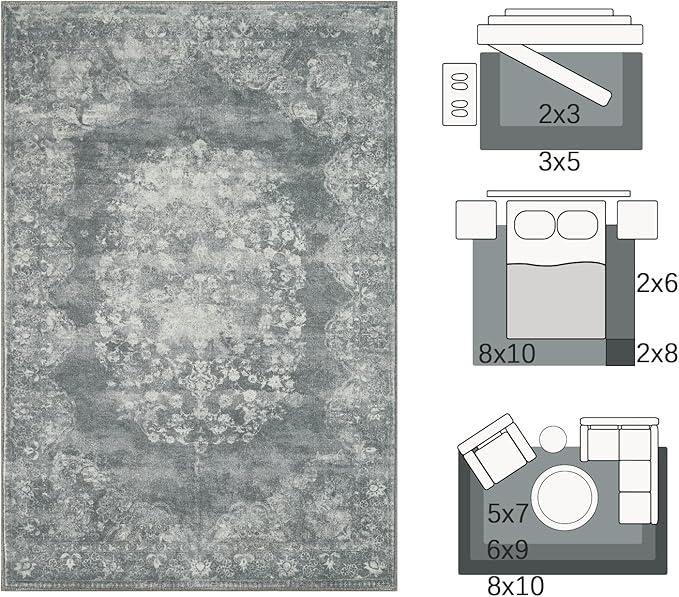 jinchan Floral 2x3 Rug for Entryway - Vintage Washable Area Rug Ultra-Thin Low Pile Soft Small Non-Slip Distressed Indoor Doormat Accent for Entrance Kitchen Bedroom Bathroom (2x3ft,Grey)