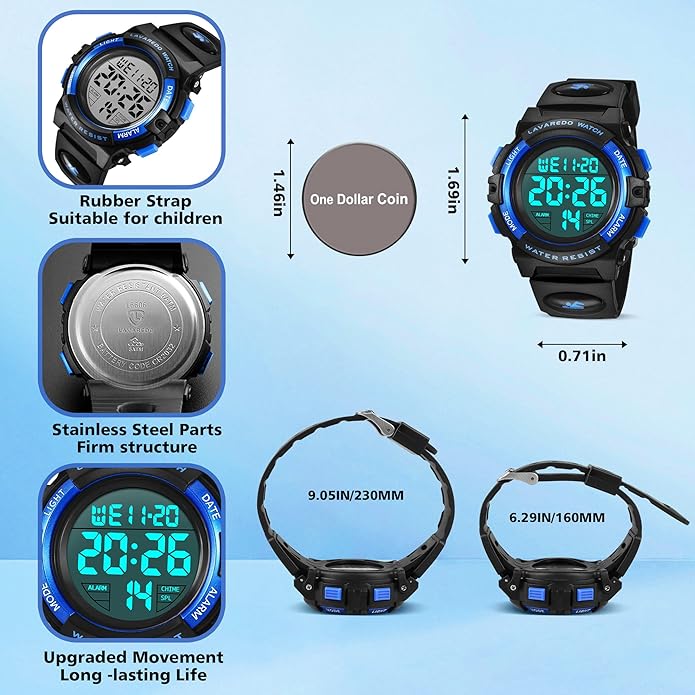 Kids Watch,Boys Watch for 3-15 Year Old Boys,Digital Sport Outdoor Multifunctional Chronograph LED 50 M Waterproof Alarm Calendar Analog Watch for Children with Silicone Band,Kids Gift