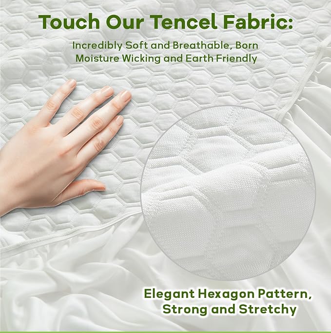 Premium Tencel Queen Mattress Protector in White, Natural and Skin Soft, Enjoy Our Waterproof Mattress Cover Fitted with A Deep Pocket, Hypoallergenic, Breathable, Noiseless and Absorbent