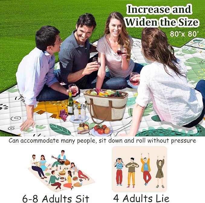 Extra Large Picnic Blanket Waterproof,80"x 80"Foldable Machine Washable Beach Blanket,Outdoor Blanket for 6-8 Adults,Suitable for Indoor Crawling,Park Beach,Camping,Hiking,Family Travel(Dinosaur)