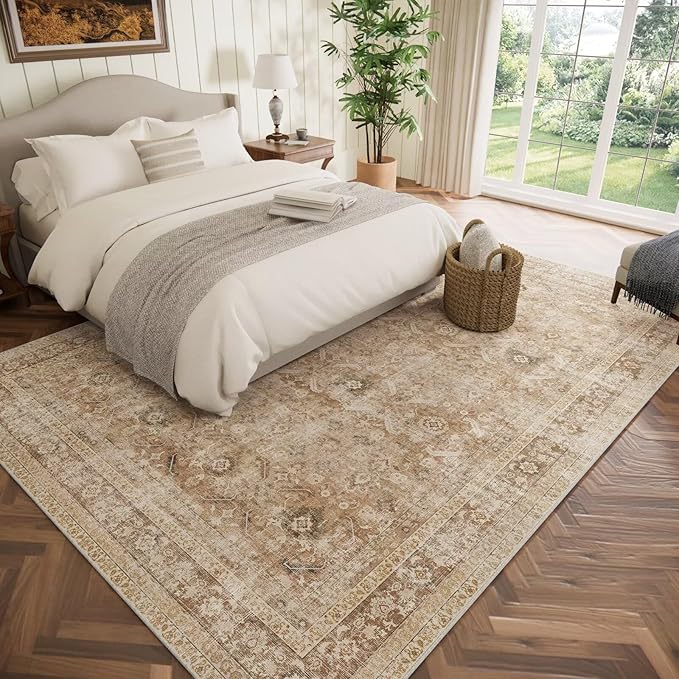 Washable 8x10 Area Rugs for Living Room, Boho Non-Slip Silicone Backing Rugs for Bedroom Dining Room Nursery Office, 0.3" Neutral Oriental Throw Carpet with 0.16" Cushioning Pad, Brown/Multi