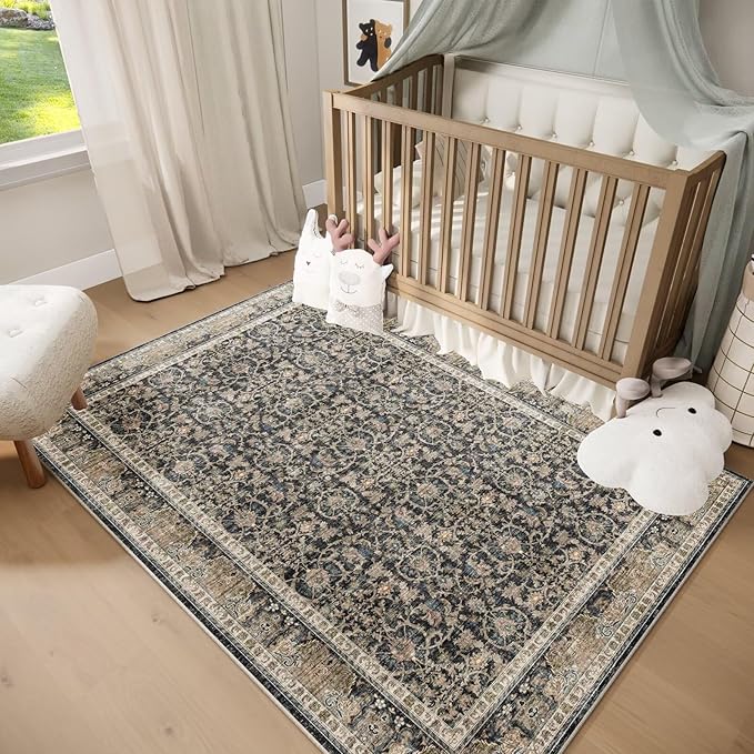 Washable 5x7 Area Rugs for Living Room, Boho Non-Slip Silicone Backing Rugs for Bedroom Dining Room Nursery Office, 0.3" Neutral Oriental Throw Carpet with 0.16" Cushioning Pad, Black/Multi
